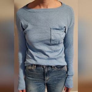 STYLE & CO LIGHT BLUE RIBBED KNIT SWEATER WITH POCKET SMALL